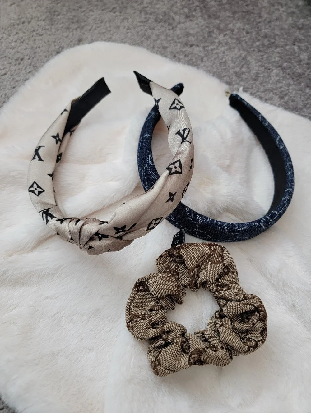 3pcs Bundle Of Beige Monogram Knot Headband and Brown Logo Scrunchie Set